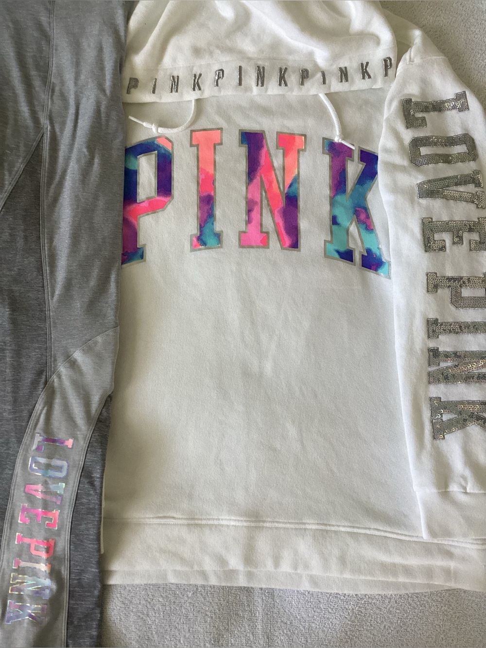Victoria’s Secret LOVE PINK BLING Watercolor Iridescent Hoodie Yoga Leggings L